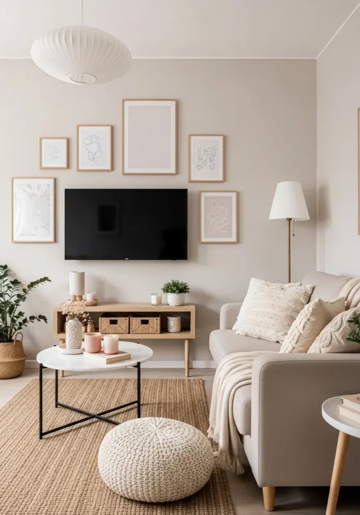 Small modern apartment living room with TV blended into a soft gallery wall, neutral framed art, beige sofa, light wood console, cozy textured pillows, woven rug, minimal feminine styling, clean wall layout, soft daylight, calm apartment decor, realistic interior photography, warm and personal living room mood

