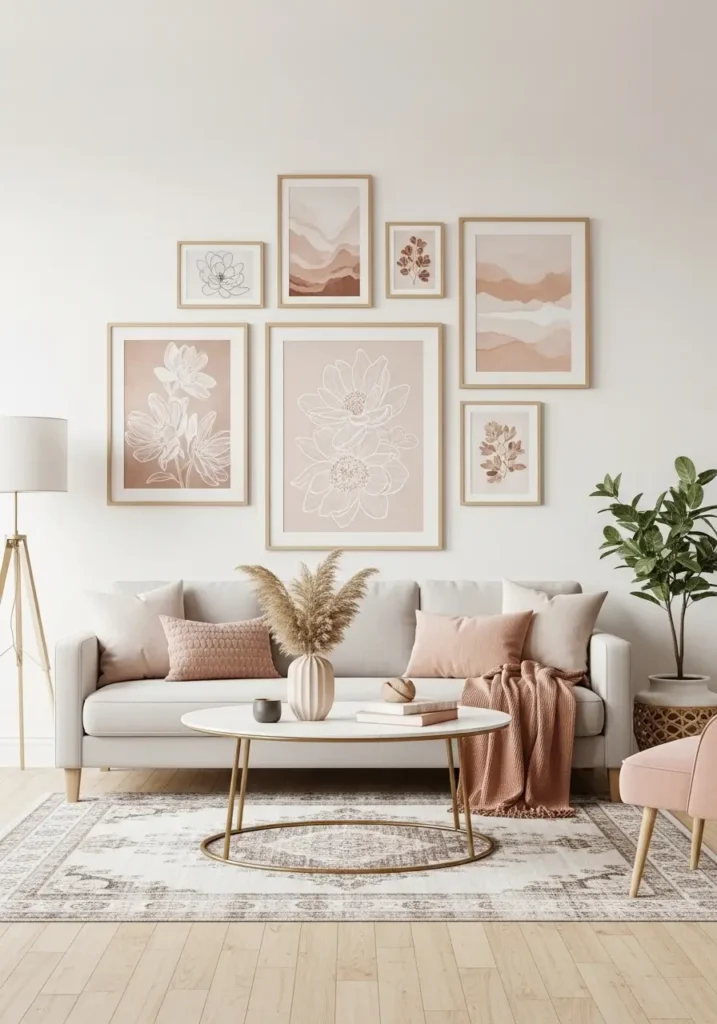 Elegant loft apartment gallery wall layout around a centered cream sofa, feminine framed art, blush and beige tones, warm lighting, soft rug, pale wood accents, airy industrial loft interior, high ceilings, realistic home decor photo with balanced styling, cozy modern mood, pretty new home inspiration with personal character
