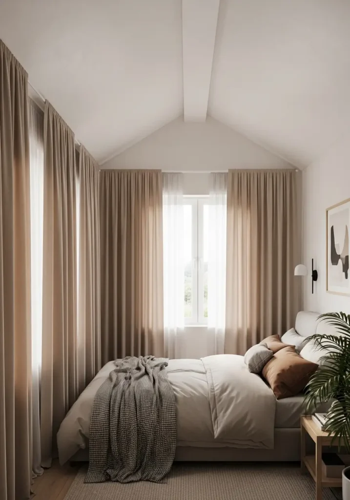 Clean small vaulted ceiling bedroom with bed placed under a tall window, soft white angled ceiling, beige linen curtains, low cream bed, pale wood floor, simple side tables, warm wall lights, minimal plants, cozy feminine modern styling, bright natural light, realistic interior photo.