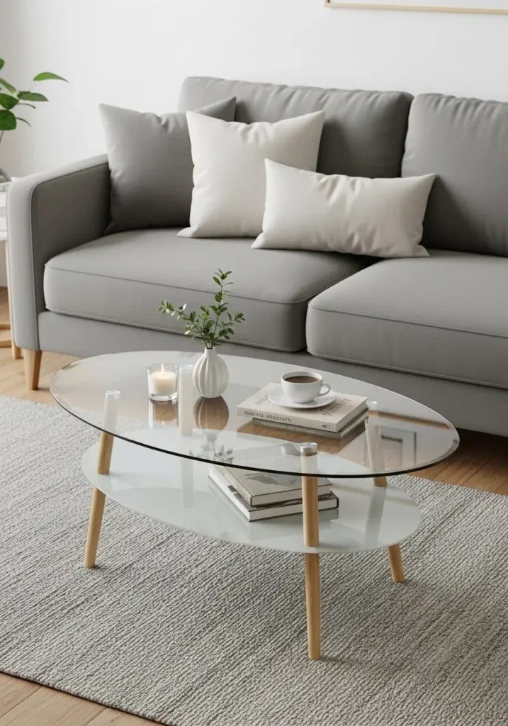 Airy minimal studio apartment with a small glass coffee table on a cream rug, soft beige loveseat, pale wood flooring, sheer curtains, tiny vase with white flowers, warm sunlight, clean feminine styling, open uncluttered small living space, realistic interior image.