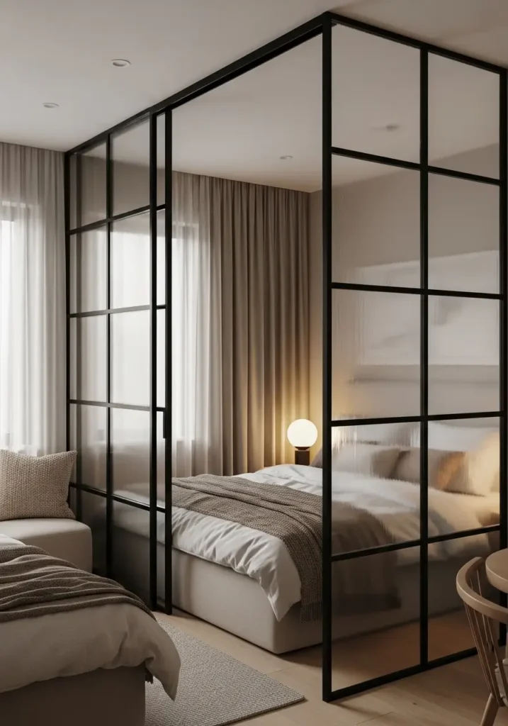 Tiny studio apartment with black framed glass divider around cozy bedroom corner, soft cream bedding, warm apartment lighting, airy minimal decor, neutral sofa, light wood flooring, feminine modern apartment styling, elegant glass partition, soft shadows, realistic interior photography, clean uncluttered apartment layout, cozy couple apartment atmosphere, layered blankets, warm natural daylight, stylish small apartment bedroom setup with modern minimal mood

