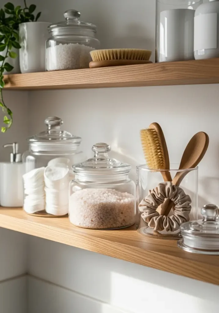 Minimal bathroom shelf with clear glass jars filled with cotton pads, bath salts, and soft towels, warm beige walls, wooden shelf styling, cozy feminine decor, clean white bathroom interior, subtle sunlight reflections, calm neutral palette, realistic textures, organized spa inspired atmosphere, elegant apartment bathroom aesthetic, uncluttered styling with soft warm lighting

