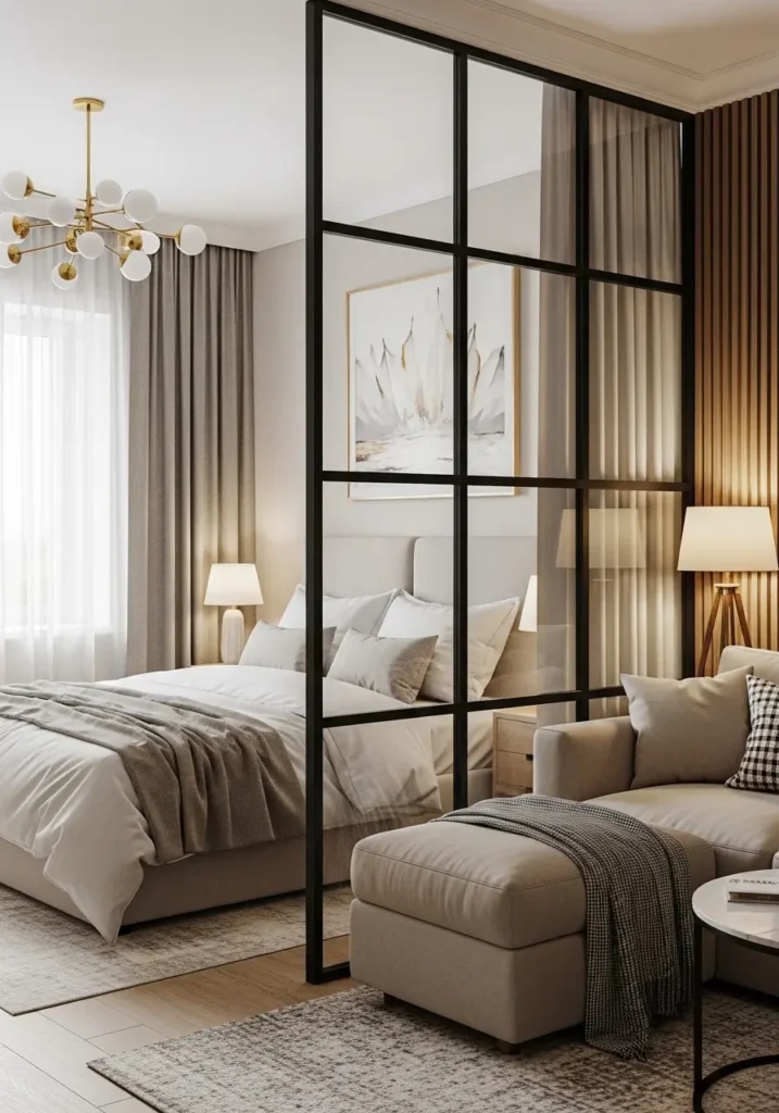 Clean minimal micro studio apartment with a slim glass panel divider between sleeping space and living area, pale beige sofa, white bed linens, thin black frame, soft curtains, warm wood accents, neutral rug, bright natural light, calm modern feminine style, airy compact apartment design.