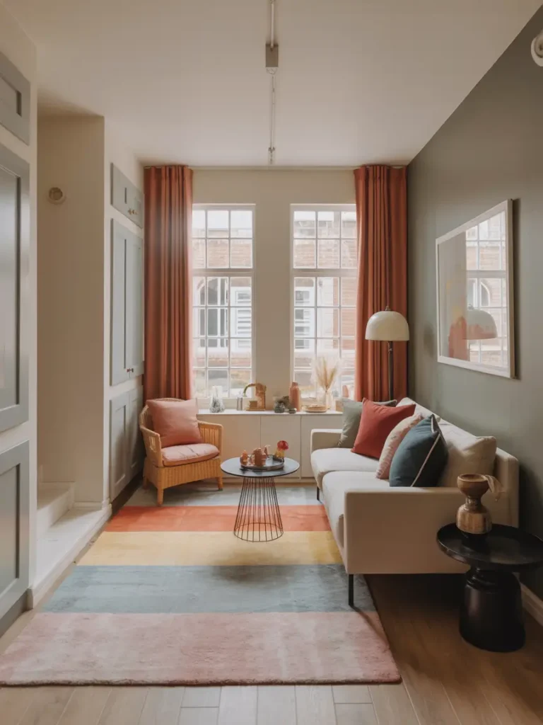 A neutral color scheme with light beige walls, a soft gray sofa, and a colorful rug and throw pillows that add warmth and vibrancy without overwhelming the space.