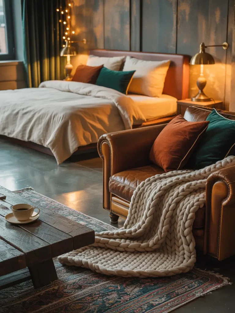 Soft linen bedding, velvet cushions, and a cozy knitted throw blanket on the sofa, bringing in texture and warmth to make the space feel inviting.