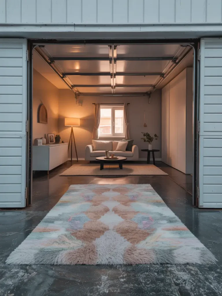 A soft, textured rug in a calming color like pale gray or ivory, placed beneath the seating area, adding warmth and helping to define the space.