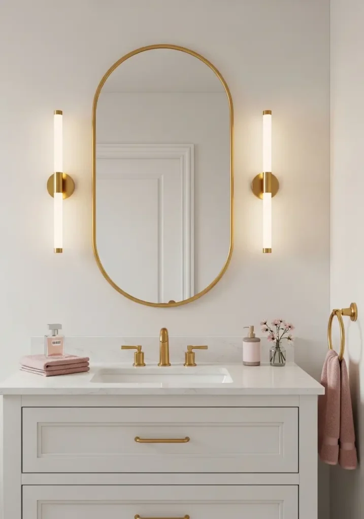 Clean minimal modern feminine bathroom with a large brushed gold oval mirror above a white floating vanity, soft cream walls, slim gold sconces, pale beige stone floor, blush hand towels, tiny perfume tray, minimal flowers, warm romantic light, uncluttered styling, elegant spa inspired mood.