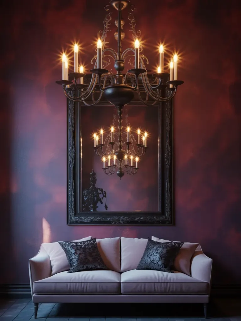 Dark gothic mirrors and a grand chandelier in a soft, minimal room setup.