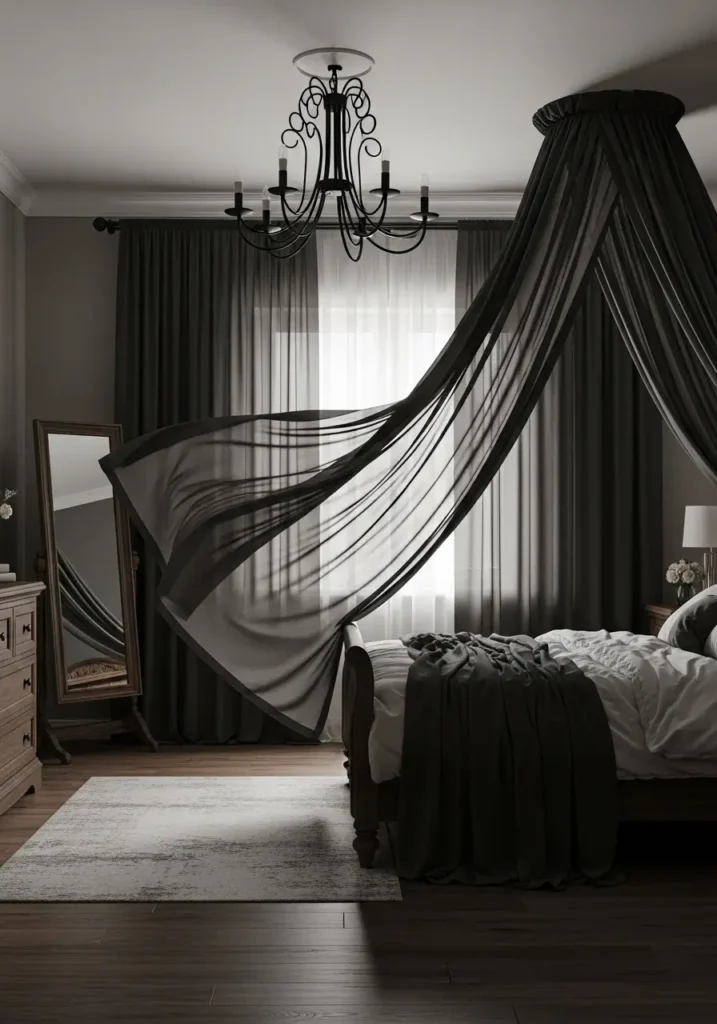Romantic goth bedroom with flowing black sheer curtains, soft moonlight, dark cozy bedding, warm bedside lamps, minimal gothic decor, charcoal walls, elegant fabric movement, vintage details, soft feminine styling, intimate atmosphere, realistic textures, clean dark bedroom aesthetic for couples, layered curtains, cozy emotional interior design

