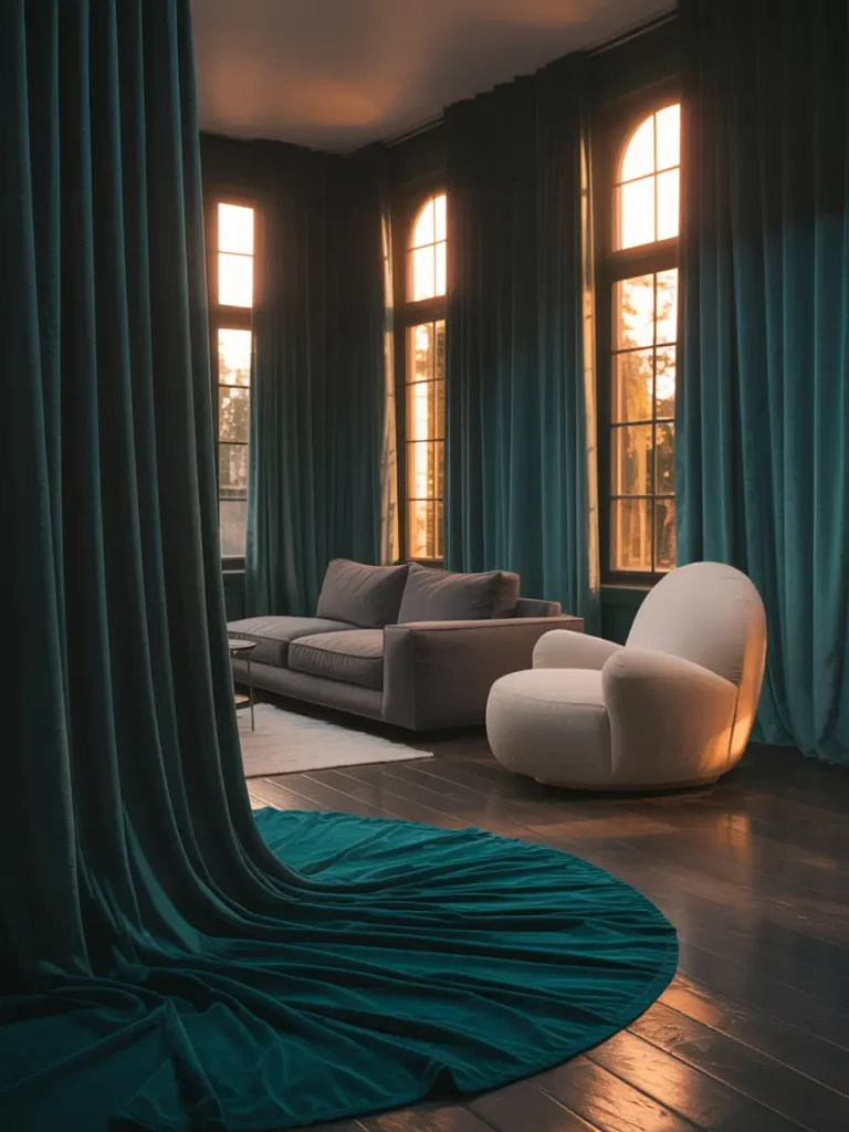 Velvet curtains draped beautifully on tall windows, paired with a light, airy room setup.