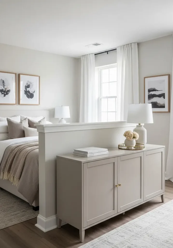Clean minimal micro studio apartment with a low half wall style divider between bed and living space, soft white walls, beige sofa, cream bedding, pale wood furniture, warm lighting, neutral rug, simple decor, feminine peaceful styling, tiny apartment with airy layout.