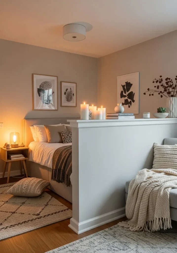 Modern studio apartment with low half wall divider separating cozy bedroom area, soft neutral apartment decor, creamy bedding, warm wood textures, feminine minimal styling, cozy couple apartment layout, glowing ambient lamps, Scandinavian inspired small apartment, realistic interior photography, light beige palette, textured blankets, uncluttered room design, airy apartment atmosphere, peaceful warm lighting with modern soft interior details

