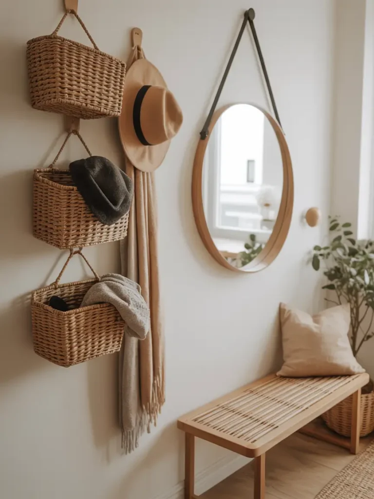 Small apartment entryway with woven hanging baskets mounted on a white wall holding hats and scarves, a round wall mirror nearby, a narrow floor bench, soft natural light, Scandinavian cozy decor, tidy yet inviting atmosphere.