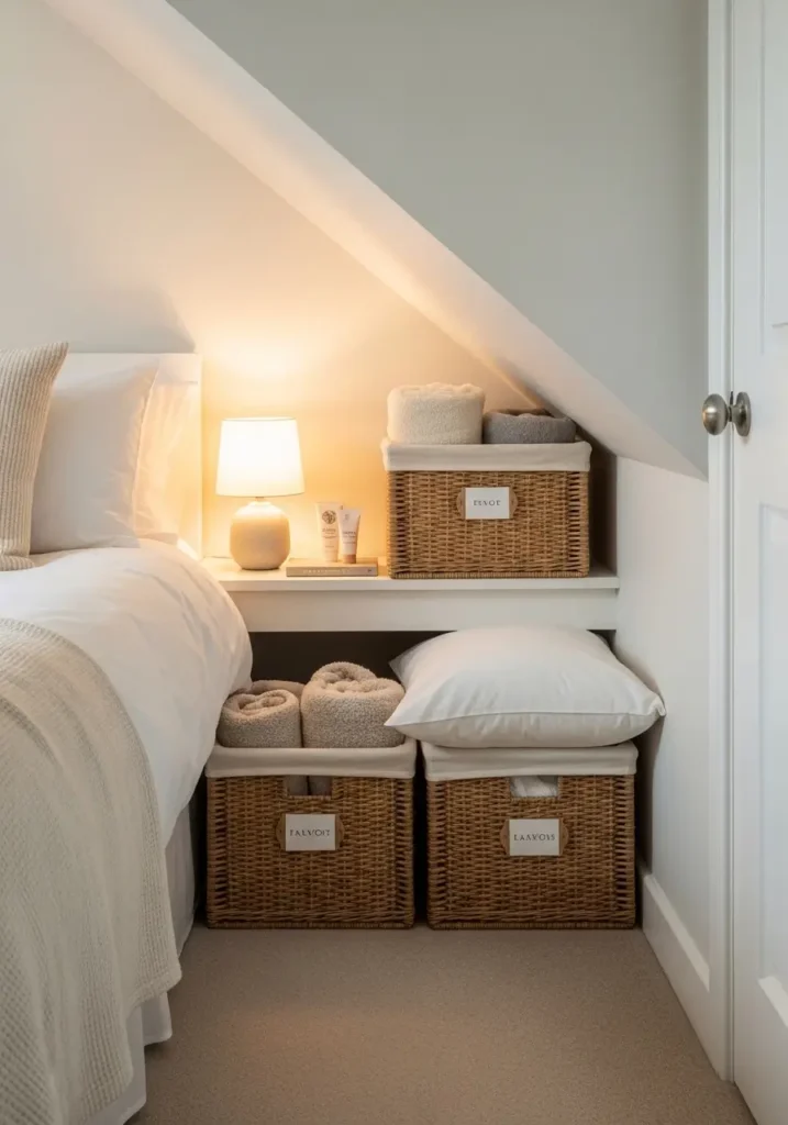 Clean minimal attic bedroom with woven basket storage tucked under a low sloped wall, low bed with cream linen bedding, soft beige pillows, pale rug, warm lamp, white walls, small wooden shelf, airy feminine styling, cozy small apartment bedroom with neat hidden storage.