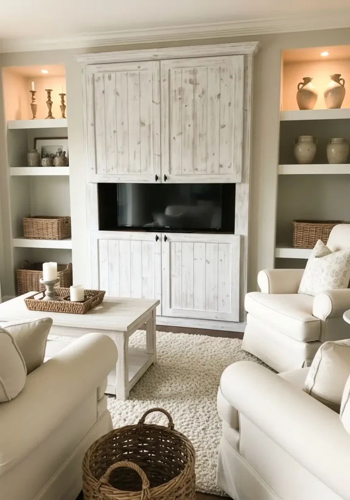 Farmhouse living room with hidden TV cabinet doors, rustic whitewashed wood cabinet, cream linen sofa, soft beige rug, woven baskets, vintage candle holders, airy curtains, warm ambient lighting, realistic rustic interior photography, clean minimal farmhouse styling, calm neutral tones, peaceful cozy home atmosphere, elegant country charm, uncluttered family room

