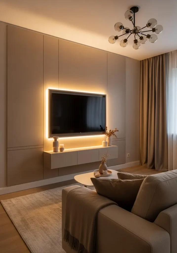 Cozy modern apartment living room with hidden LED lighting around TV wall, warm beige panels, mounted television, floating console, cream sofa, soft rug, minimal feminine decor, warm evening glow, clean apartment interior, realistic photography, calm relaxing living room atmosphere, elegant modern styling


