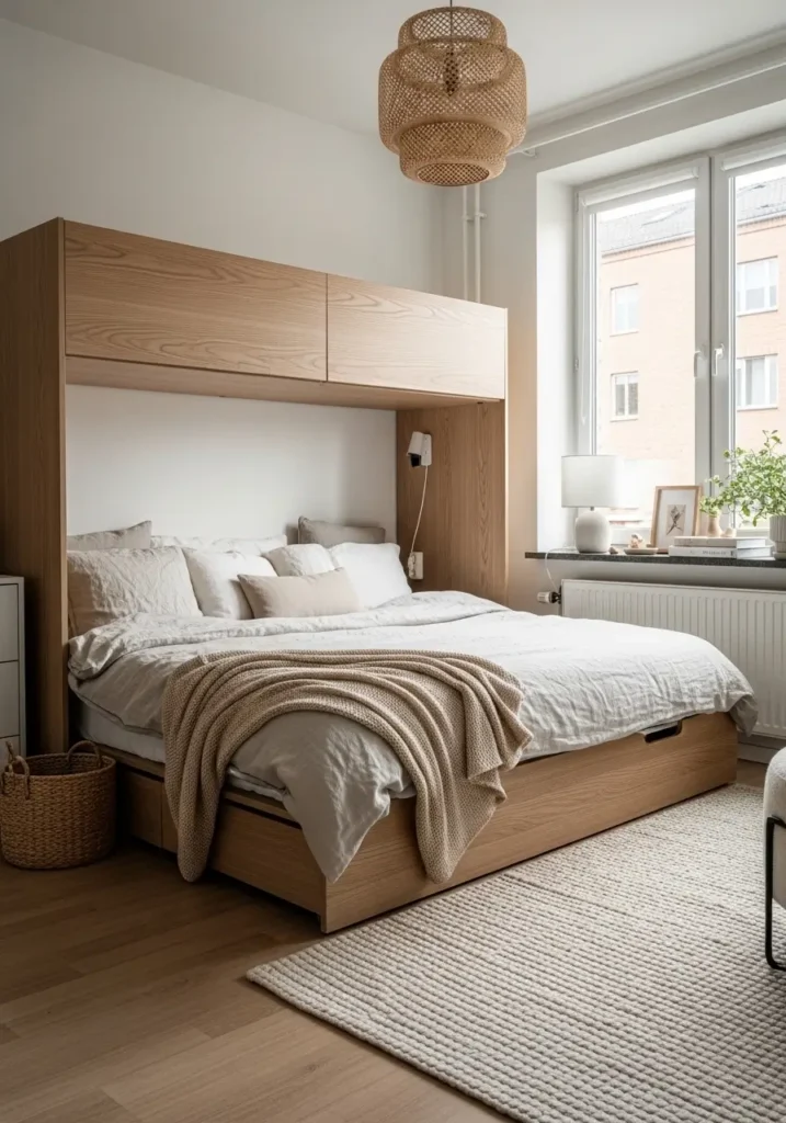 Minimalist studio apartment bedroom with hidden storage bed, soft neutral bedding, warm wood furniture, tidy apartment layout, cozy feminine decor, beige textured rug, clean Scandinavian style, under bed storage drawers, realistic small apartment photography, uncluttered surfaces, natural sunlight, modern tiny bedroom setup, cream and oak color palette, elegant minimal styling, calming atmosphere, soft linen fabrics, airy studio apartment design with practical storage solutions and warm cozy details.