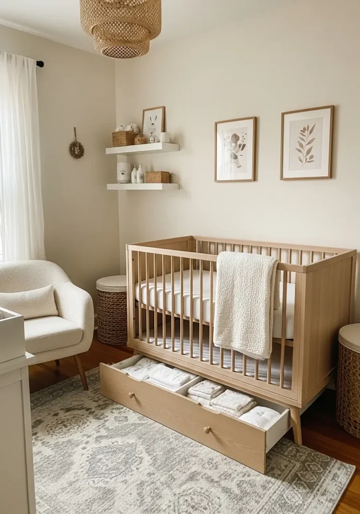 Minimal apartment baby nursery with hidden storage furniture, compact crib with drawers underneath, creamy neutral tones, soft boucle chair, floating shelves, woven baskets, light wood decor, realistic apartment nursery styling, uncluttered layout, calm feminine atmosphere, cozy textures, Scandinavian inspired design, natural sunlight, tiny nursery organization ideas, peaceful warm lighting, elegant modern baby room aesthetic

