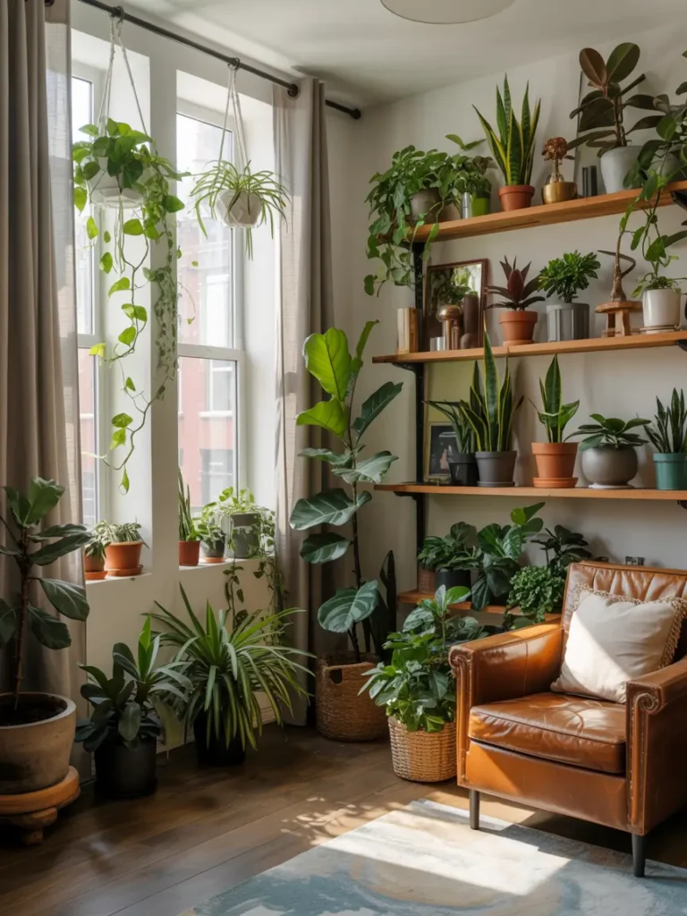 A variety of indoor plants scattered around the apartment, including hanging plants, potted plants on a shelf, and a small tree in the corner, all adding life and vibrancy to the space.