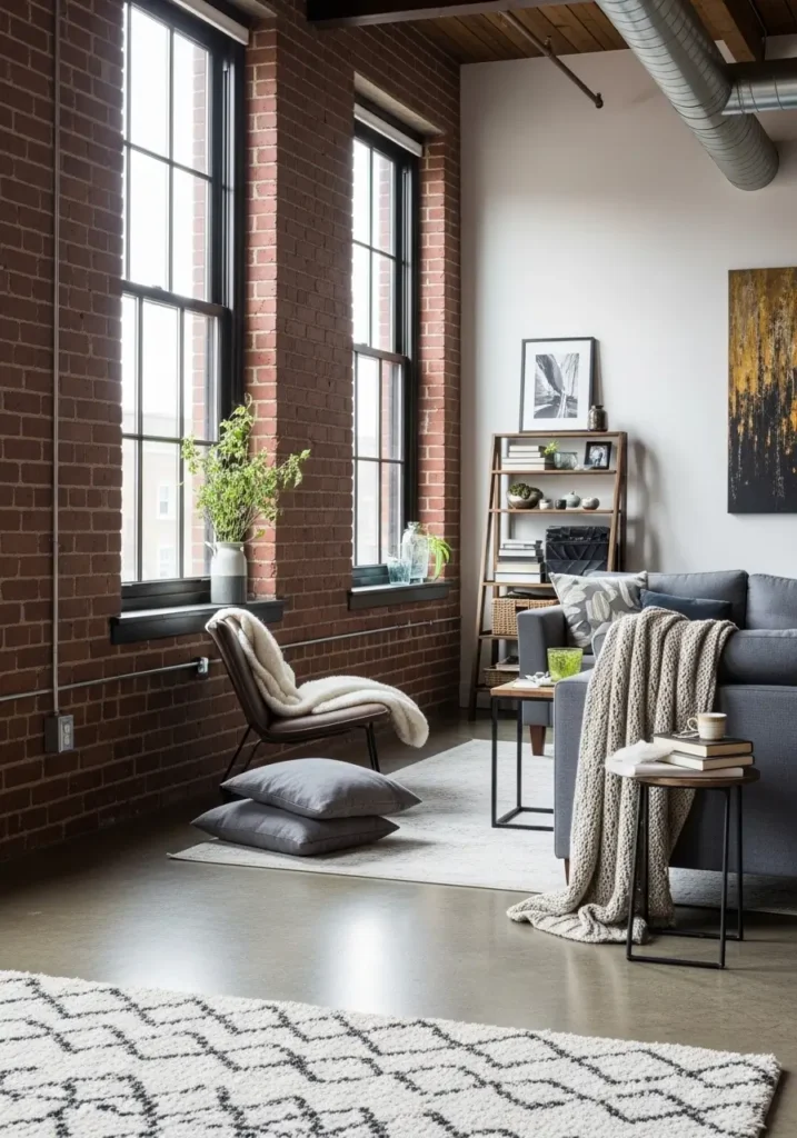 Exposed brick walls, polished concrete floors, and metal accents mixed with soft textiles like a plush rug and throw blankets. Large windows to let in plenty of light.