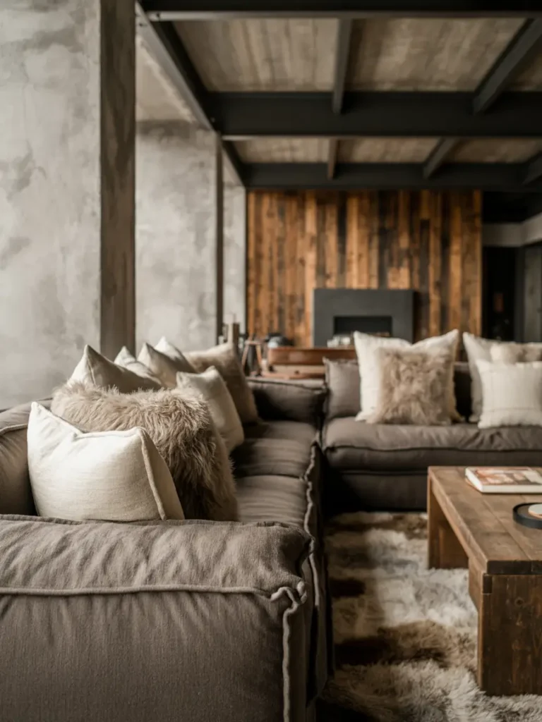Rough concrete floors, exposed steel beams, and rustic wood elements mixed with soft fabrics, neutral colors, and cozy lighting for a warm yet modern vibe.