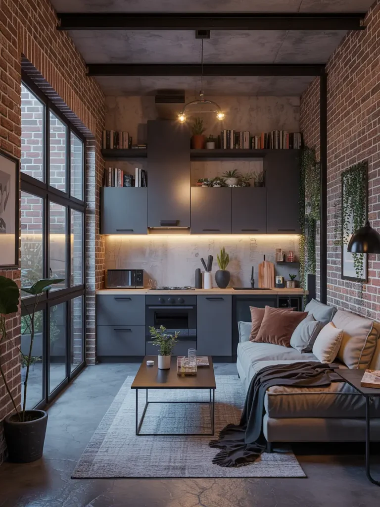 Industrial detached garage apartment with exposed brick walls, black steel accents, concrete textures, loft-inspired interior, compact modern backyard, warm lighting, realistic photography, stylish urban tiny apartment design