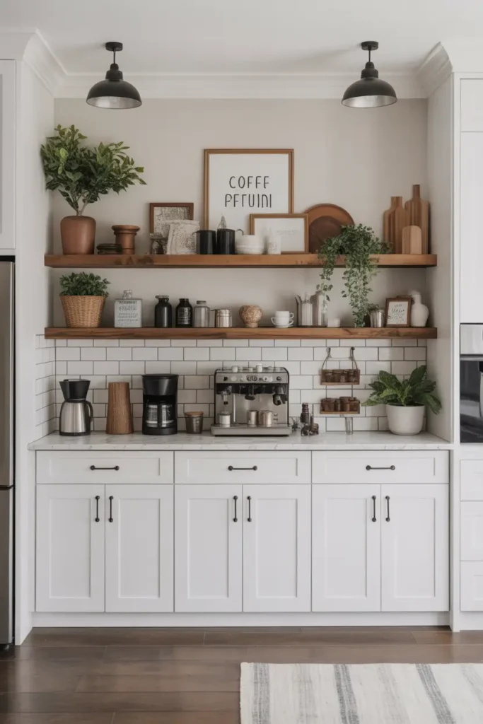 Minimal studio apartment kitchen corner with clean white counters, light wood open shelf, cream ceramic jars, small coffee station, one cutting board, soft beige towel, warm daylight, tidy feminine styling, neutral walls, compact kitchen space with calm uncluttered surfaces.