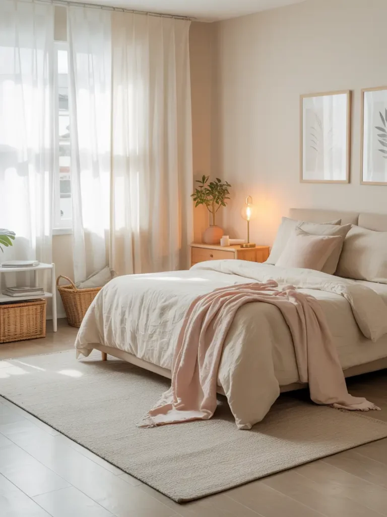 Airy feminine studio apartment with light neutral decor, cream sofa, soft beige rug, white bedding, small wall art, clear glass vase, tiny plant, warm lamp, clean surfaces, minimal cozy styling, natural daylight, calm uncluttered room with peaceful soft mood.