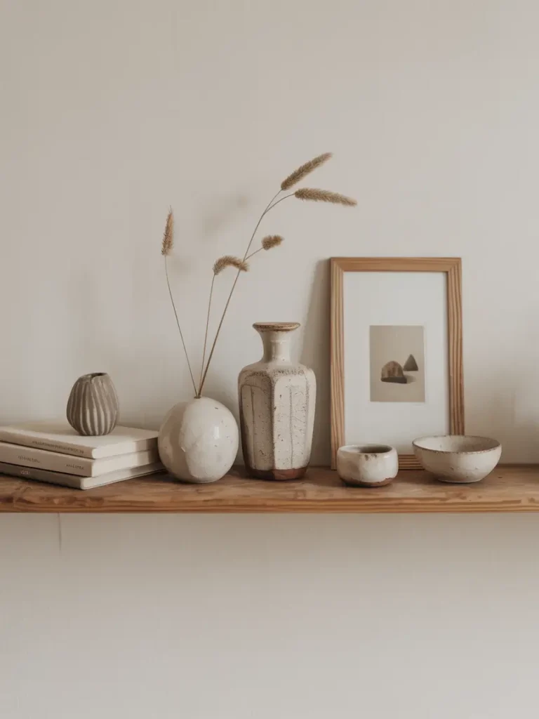 Minimal Japandi shelf styling with few carefully placed ceramic pieces, small framed artwork, wooden shelf, neutral wall background, soft daylight highlighting textures, balanced composition, Pinterest-style interior photography showing calm curated simplicity.

