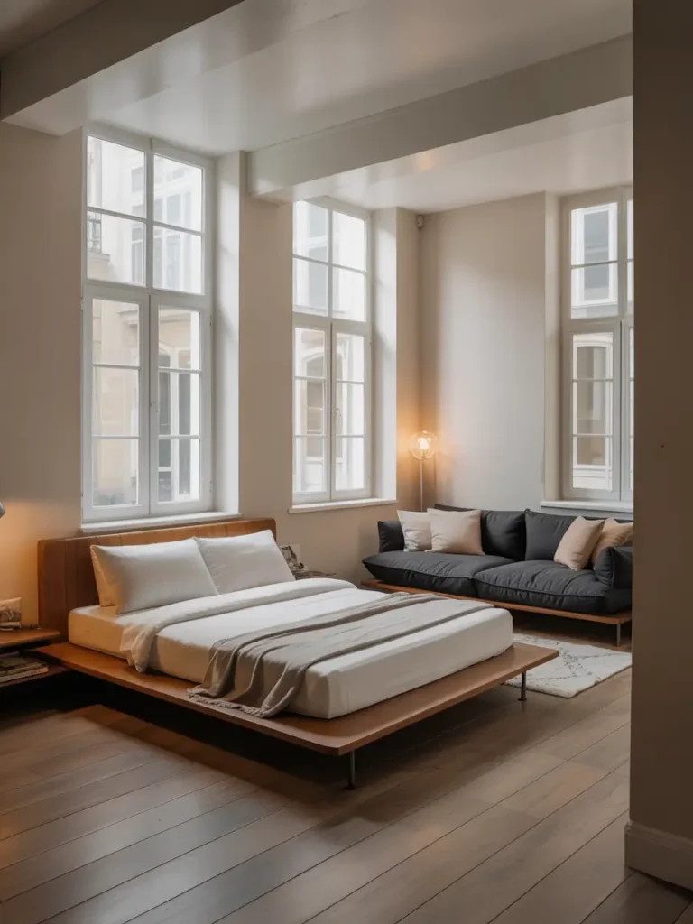 Low-profile furniture like a platform bed and a low-slung sofa with slim legs, creating an open and airy feel that makes the room feel bigger and more spacious.