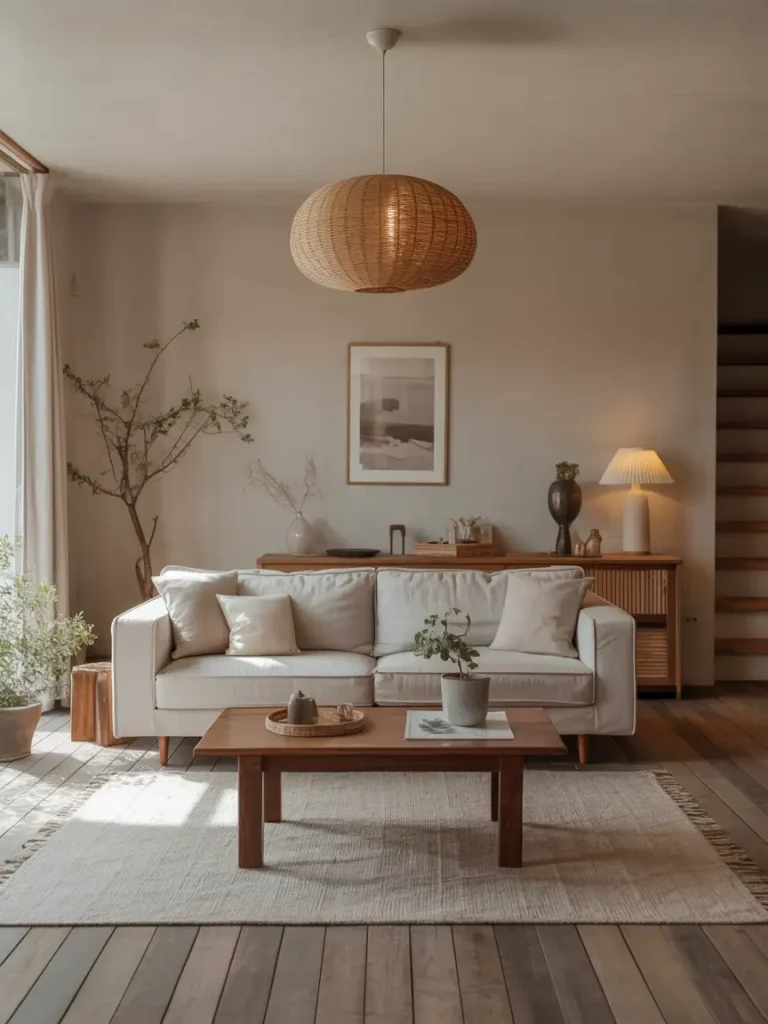 Japandi living space with simple furniture layout, neutral sofa facing wooden coffee table, open floor space, warm natural lighting, minimal decor styling, balanced composition, Pinterest-style interior photography showing serene uncluttered environment.

