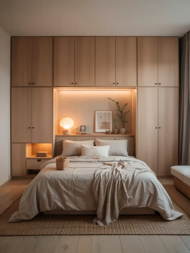 Japandi bedroom with built-in wooden storage cabinets, neutral bedding, uncluttered surfaces, warm ambient lighting, soft daylight entering room, minimal styling approach, Pinterest-inspired interior photography showing peaceful organized environment.

