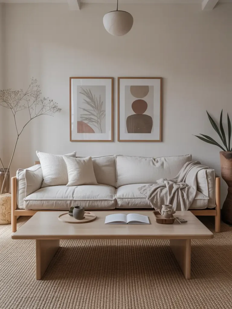 Minimal Japandi living room with an uncluttered wooden coffee table, a linen sofa, neutral decor accents, soft natural light illuminating clean surfaces, a woven rug texture below, Pinterest-style interior photography capturing airy, calm simplicity.

