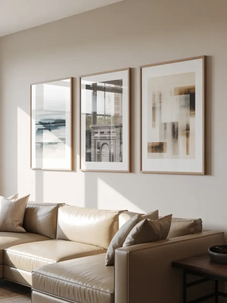 A set of small, minimalist art prints framed in light wood frames, hung neatly in a row above the sofa, creating a soft focal point without cluttering the walls.