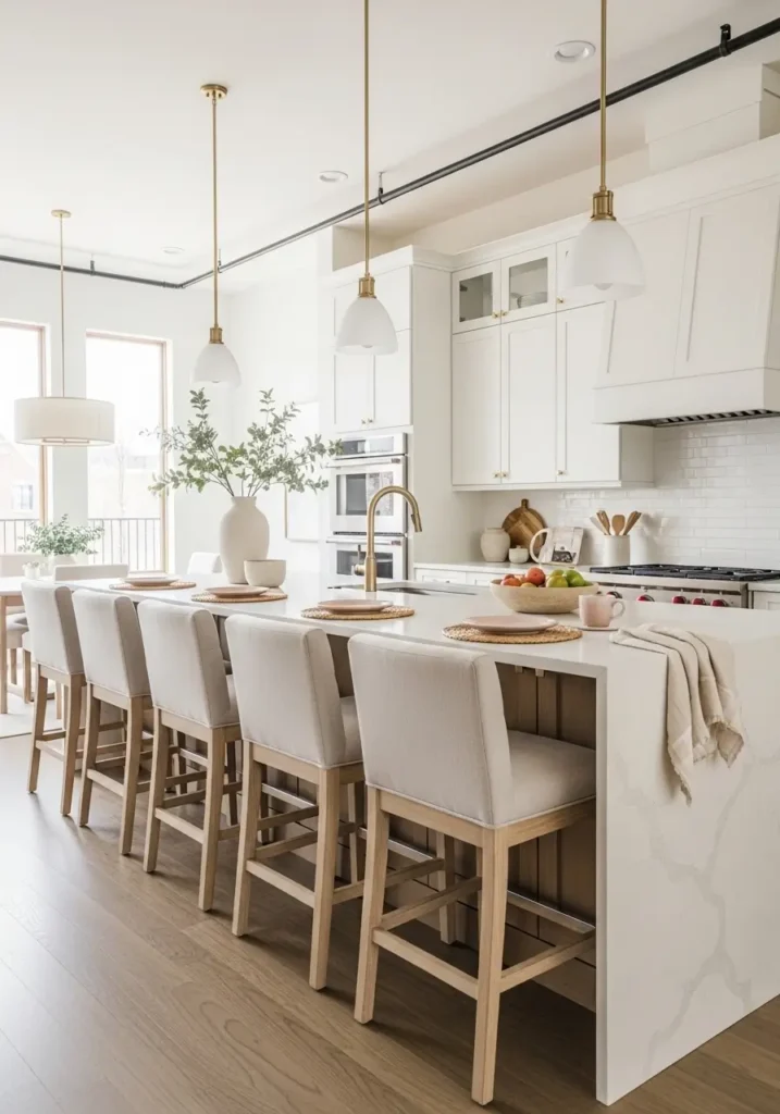 Feminine loft apartment kitchen island seating layout with elegant bar stools, soft pendant lights, pale wood cabinetry, warm white counters, blush accents, airy open plan styling, cozy casual gathering mood, natural sunlight, high ceilings, realistic apartment interior photo with stylish new home atmosphere and soft welcoming textures