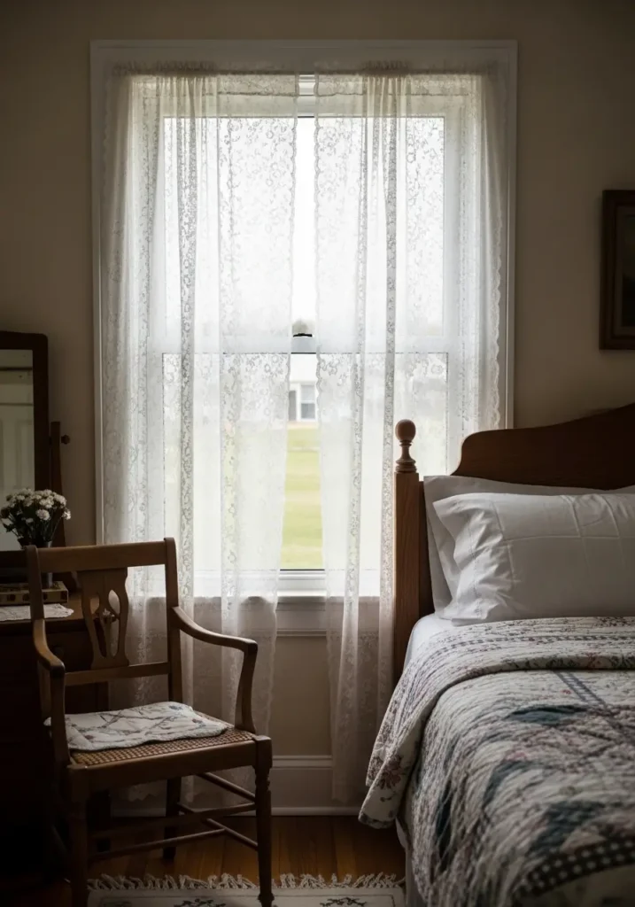 Clean minimal vintage Americana bedroom with lace curtains filtering soft morning light, white bedding, faded red and blue quilt, antique wooden dresser, cream walls, brass lamp, woven rug, warm country cottage mood, airy feminine styling, calm uncluttered space.