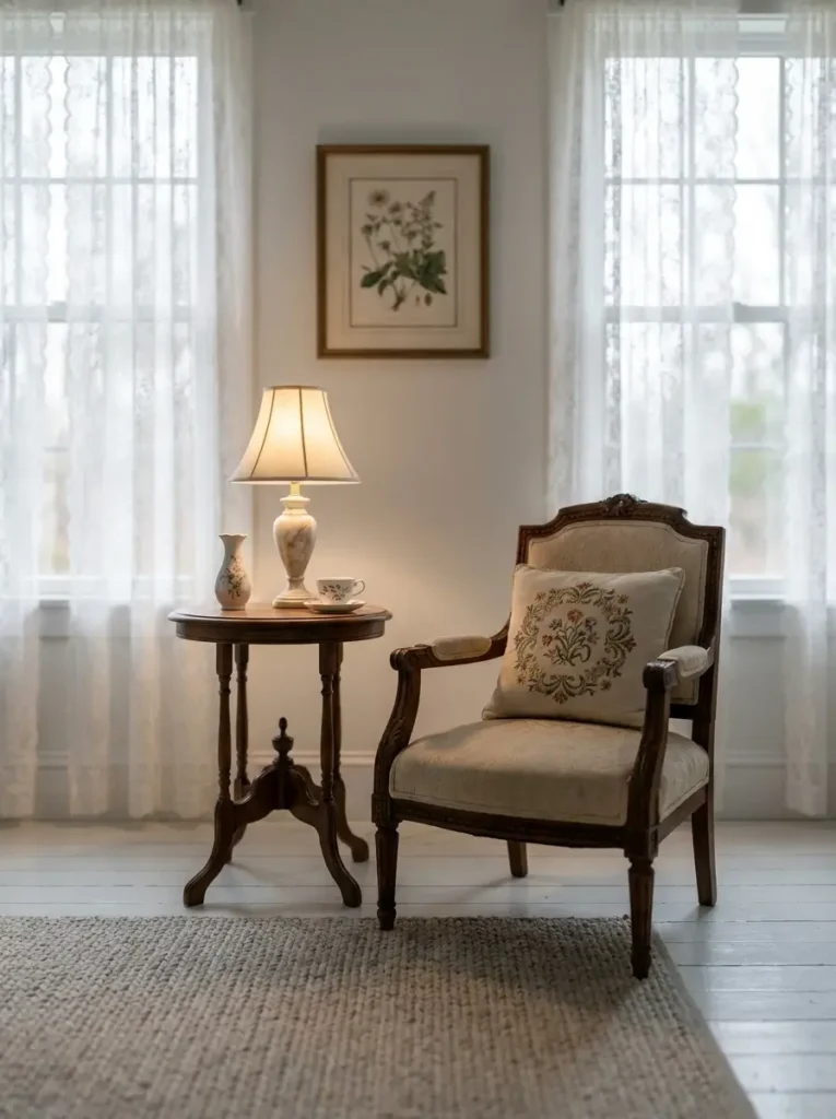 Clean minimal vintage living room with sheer lace curtains glowing in soft daylight, cream walls, faded wooden floor, small round side table, vintage armchair with pale floral cushion, simple framed botanical art, warm table lamp, soft beige rug, quiet grandma core mood, airy feminine comfort, neat and uncluttered styling.