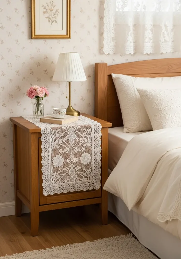 Clean minimal retro bedroom with cream bedding, soft lace runner on wooden nightstand, vintage lamp, small framed floral print, ceramic dish, warm shadows, feminine cozy apartment styling, calm vintage home mood, uncluttered composition.