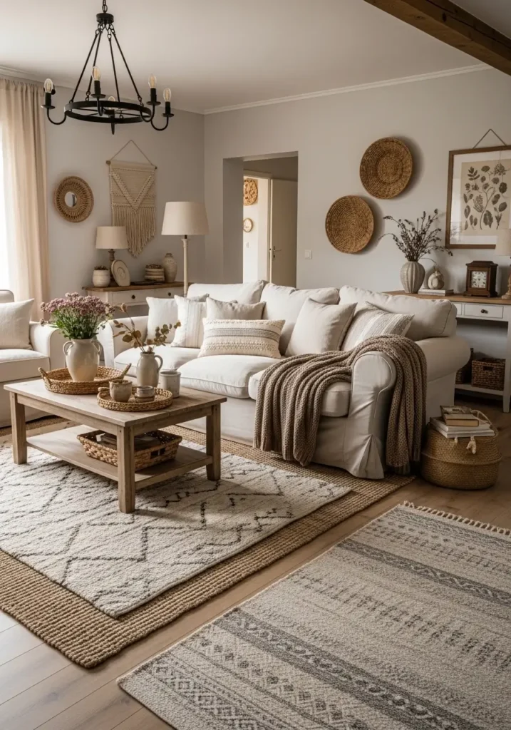 Rustic farmhouse living room with layered rugs, soft neutral textiles, oversized cream sofa, distressed wood coffee table, warm lighting, woven decor, cozy rustic styling, light wood flooring, farmhouse interior design, feminine warm atmosphere, textured layered fabrics, calm earthy tones, realistic interior photography, airy and peaceful layout, subtle vintage decor, inviting comfortable home setting