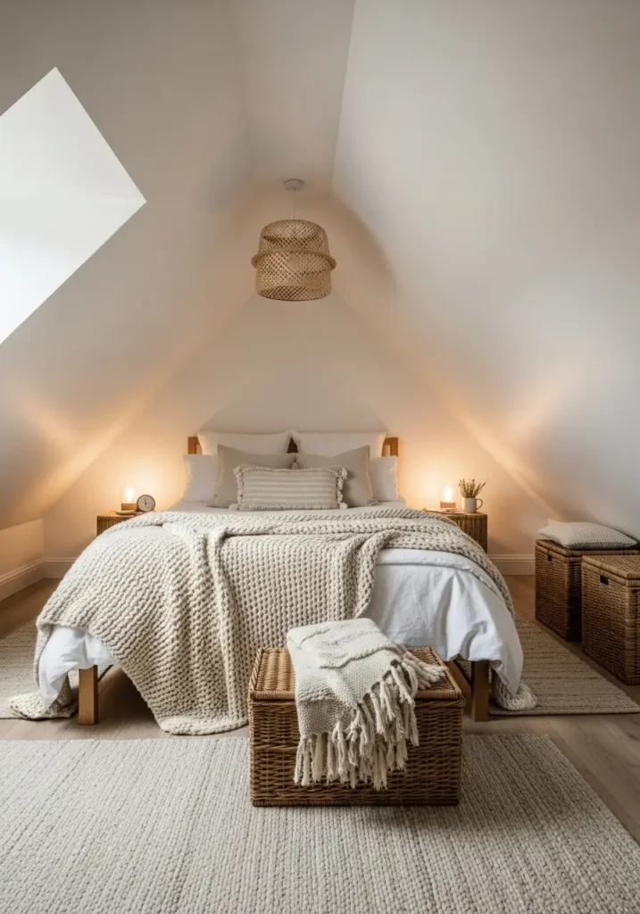 Cozy slanted ceiling cottage bedroom filled with layered knit blankets and textured pillows, warm beige and cream color palette, rustic wooden bed, soft wool rug, tiny bedside lamp glowing warmly, natural linen curtains, minimal feminine decor, realistic attic bedroom styling, peaceful countryside mood, uncluttered cozy atmosphere, soft evening shadows, woven baskets, warm cottage textures, intimate attic retreat, clean calming design, relaxing cozy bedroom aesthetic

