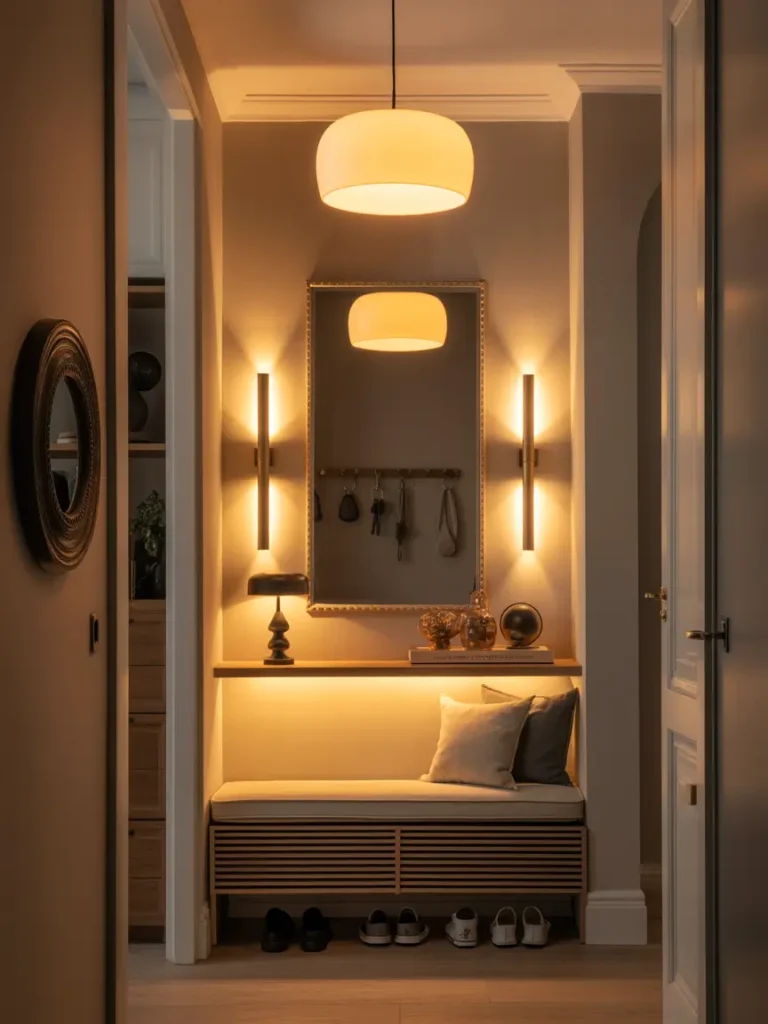 Cozy apartment entryway with layered lighting including ceiling light and wall sconces, soft warm glow illuminating narrow space, small bench with storage, wall hooks for jackets, modern minimalist design, tidy and welcoming ambiance.