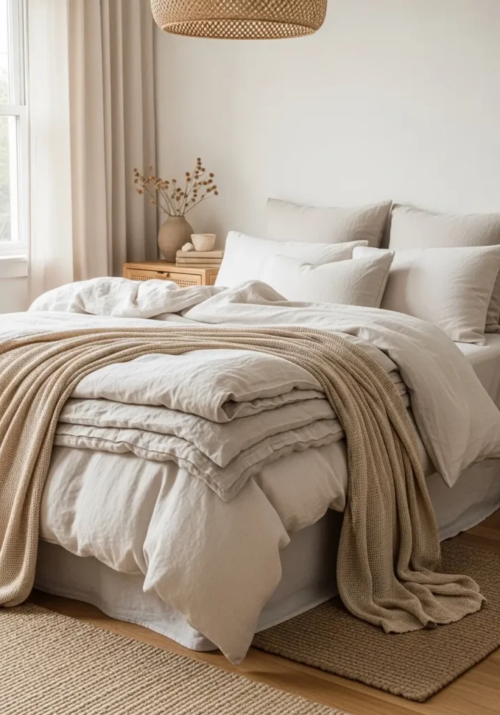 Minimal apartment bedroom with layered linen bedding in cream and beige tones, cozy pillows, warm sunlight, clean feminine apartment styling, tiny wooden bed frame, soft natural textures, airy small bedroom aesthetic, delicate curtains, woven decor accents, calm relaxing atmosphere with realistic soft shadows and cozy neutral colors

