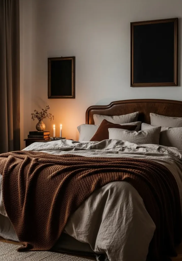 Dark academia bedroom with layered beige linen bedding, deep brown knit blanket, warm bedside lamp, vintage wooden bed frame, dark framed artwork, soft cream walls, cozy apartment bedroom styling, candlelight glow, minimal feminine decor, old books on bedside table, warm earthy tones, realistic fabric texture, peaceful moody atmosphere, elegant vintage apartment aesthetic with clean styling

