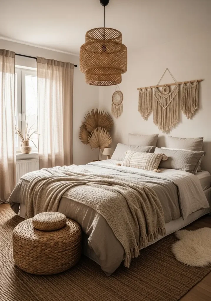 Minimal calm boho bedroom with layered natural fabrics, linen bedding, cotton throw blankets, woven rug, soft beige curtains, wooden furniture, neutral earthy tones, cozy feminine atmosphere, warm sunlight, airy uncluttered interior styling, peaceful bedroom decor, modern boho aesthetic, organic textures, dreamy relaxing retreat with soft shadows and earthy warmth

