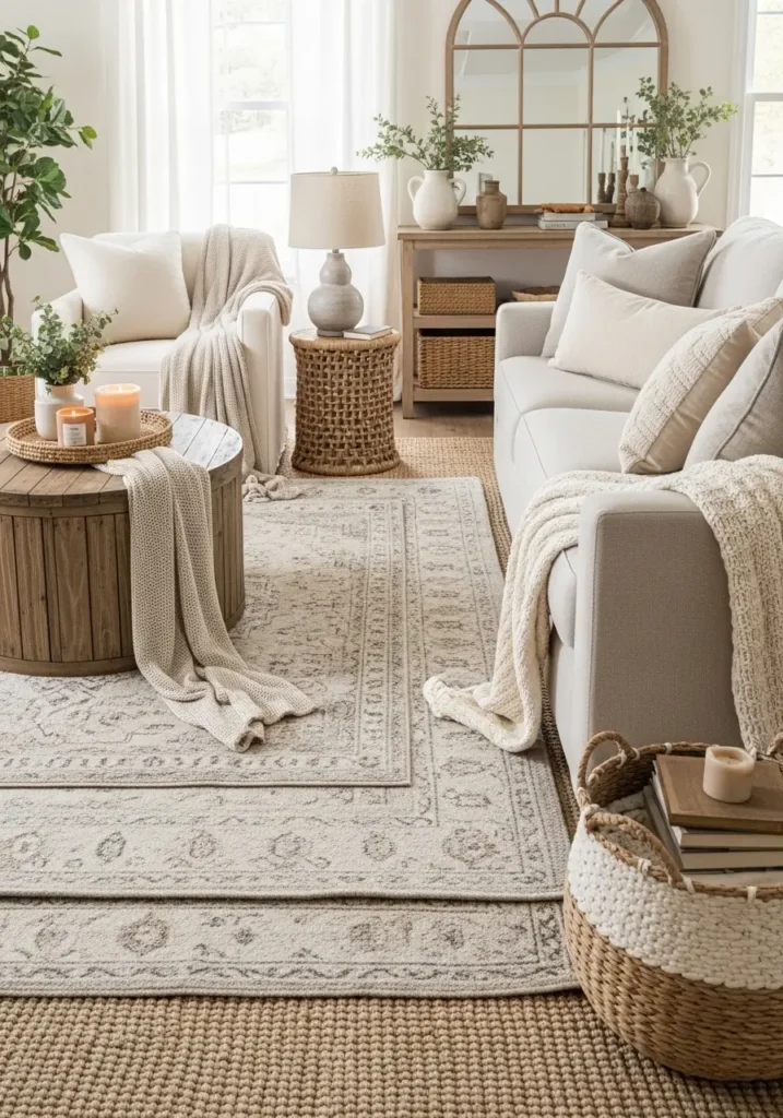 Bright modern farmhouse living room with layered neutral rugs under a cream linen sofa, natural oak coffee table, soft beige walls, woven baskets, light knit throws, black metal accents, large windows with sheer curtains, warm sunlight, cozy minimal styling, textured rug layers with soft cream and taupe tones, clean airy atmosphere, realistic interior photography, calm feminine farmhouse mood, balanced furniture spacing, subtle rustic details, soft shadows, high-end cozy home styling

