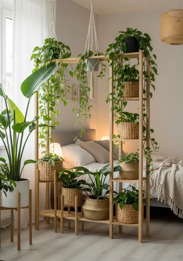Airy studio apartment with layered plant divider separating cozy bedroom area, warm neutral decor, hanging greenery, creamy bedding, light wood furniture, soft natural daylight, peaceful feminine apartment styling, Scandinavian inspired small apartment, realistic interior photography, cozy couple apartment mood, textured rugs, soft beige palette, uncluttered room design, calming indoor plants and warm cozy atmosphere

