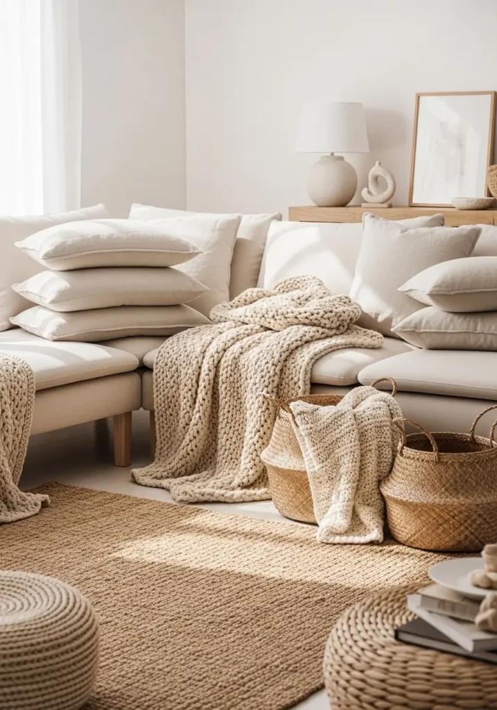 Cozy coastal living room with layered linen pillows, chunky knit throw blankets, woven baskets, textured jute rug, pale wood furniture, creamy sectional sofa, soft sunlight, airy beach house decor, calm feminine styling, warm neutral palette, relaxed seaside atmosphere, clean minimal layout, soft ocean inspired accents, inviting and peaceful coastal interior design

