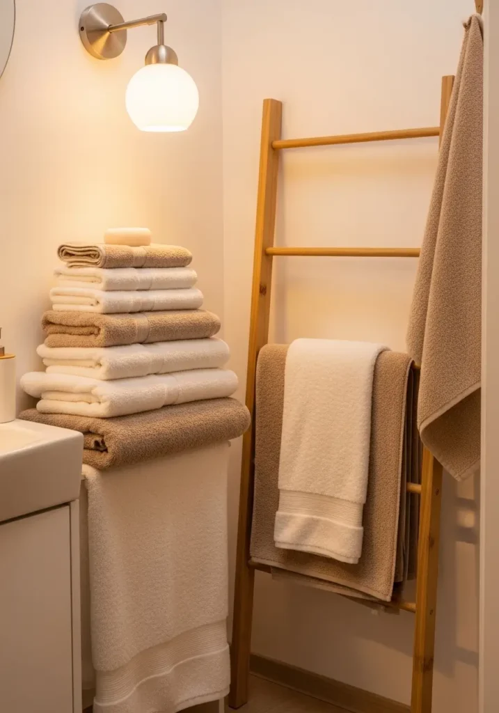 Tiny apartment bathroom with layered cream and beige towels, warm lighting, pale wood ladder rack, soft white walls, cozy feminine apartment decor, realistic bathroom interior photography, airy renter friendly makeover styling, uncluttered compact bath setup, calming neutral textures, elegant folded towels, modern minimal apartment atmosphere with soft golden shadows and clean styling