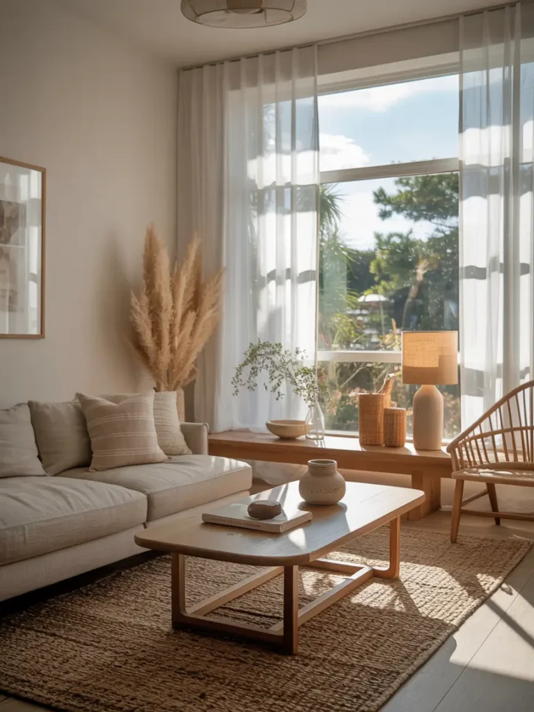 Bright Japandi interior with large window, sheer curtains diffusing sunlight, neutral furniture arrangement, wooden accents, woven textures, minimal decor styling, Pinterest-style interior photography showing soft glowing natural light and serene ambiance.


