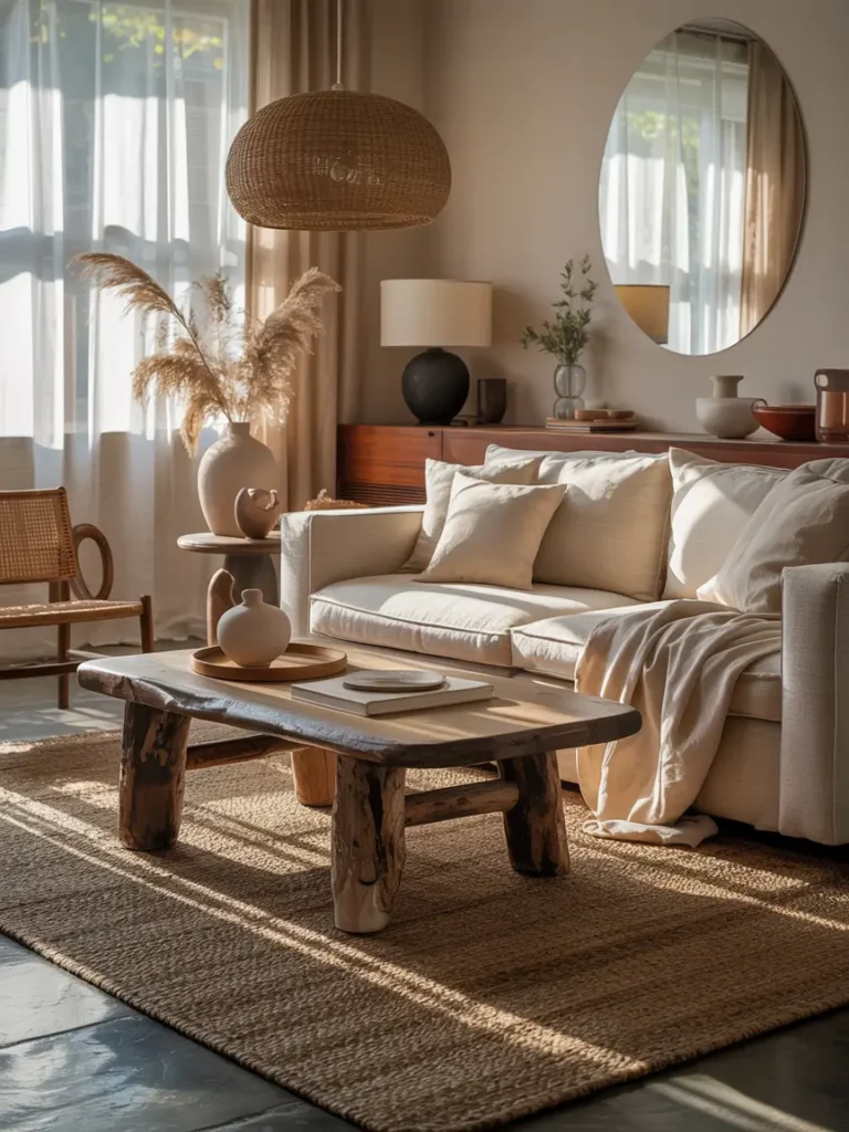 Japandi living room features layered textures including linen sofa, woven rug, raw wood coffee table, ceramic decor accents, neutral wall tones, warm daylight filtering through sheer curtains, soft shadows across surfaces, Pinterest-style interior photography capturing tactile peaceful atmosphere.

